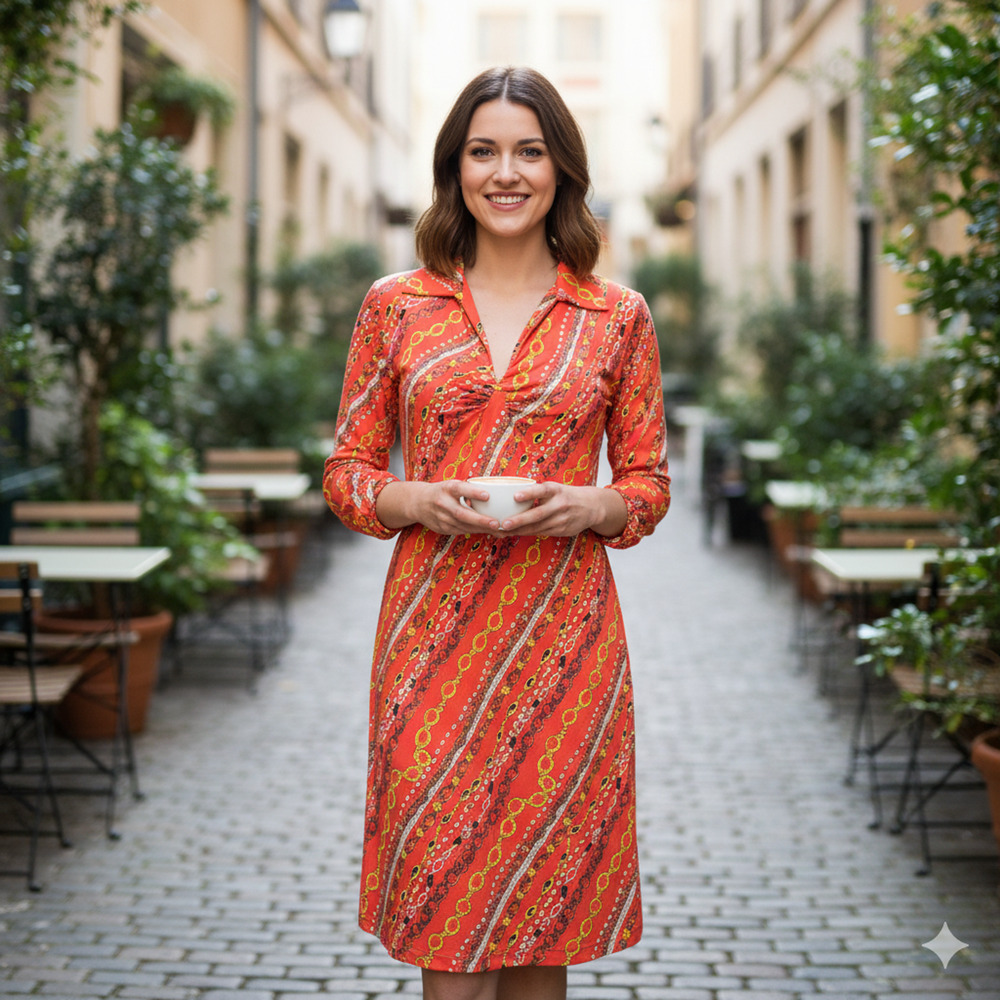 Y2K Barbara Gerwit XL Chain Print Long Sleeve Midi Dress Orange Retro Vintage